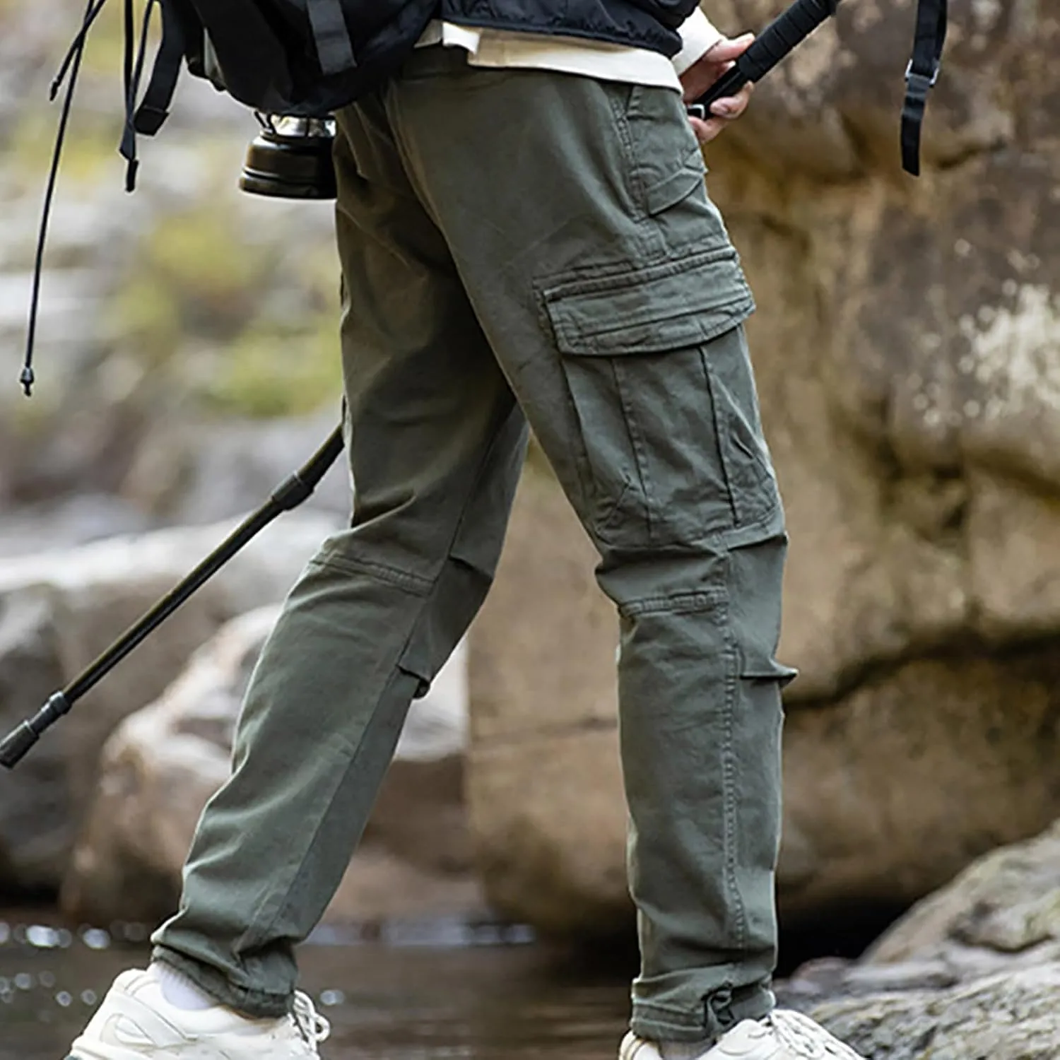 Aymnlox Mens Casual Cargo Pants Drawstring Elastic Waist Cotton Trousers Wide Leg Joggers Fall Sweatpants with Multi Pockets