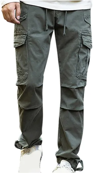Aymnlox Mens Casual Cargo Pants Drawstring Elastic Waist Cotton Trousers Wide Leg Joggers Fall Sweatpants with Multi Pockets