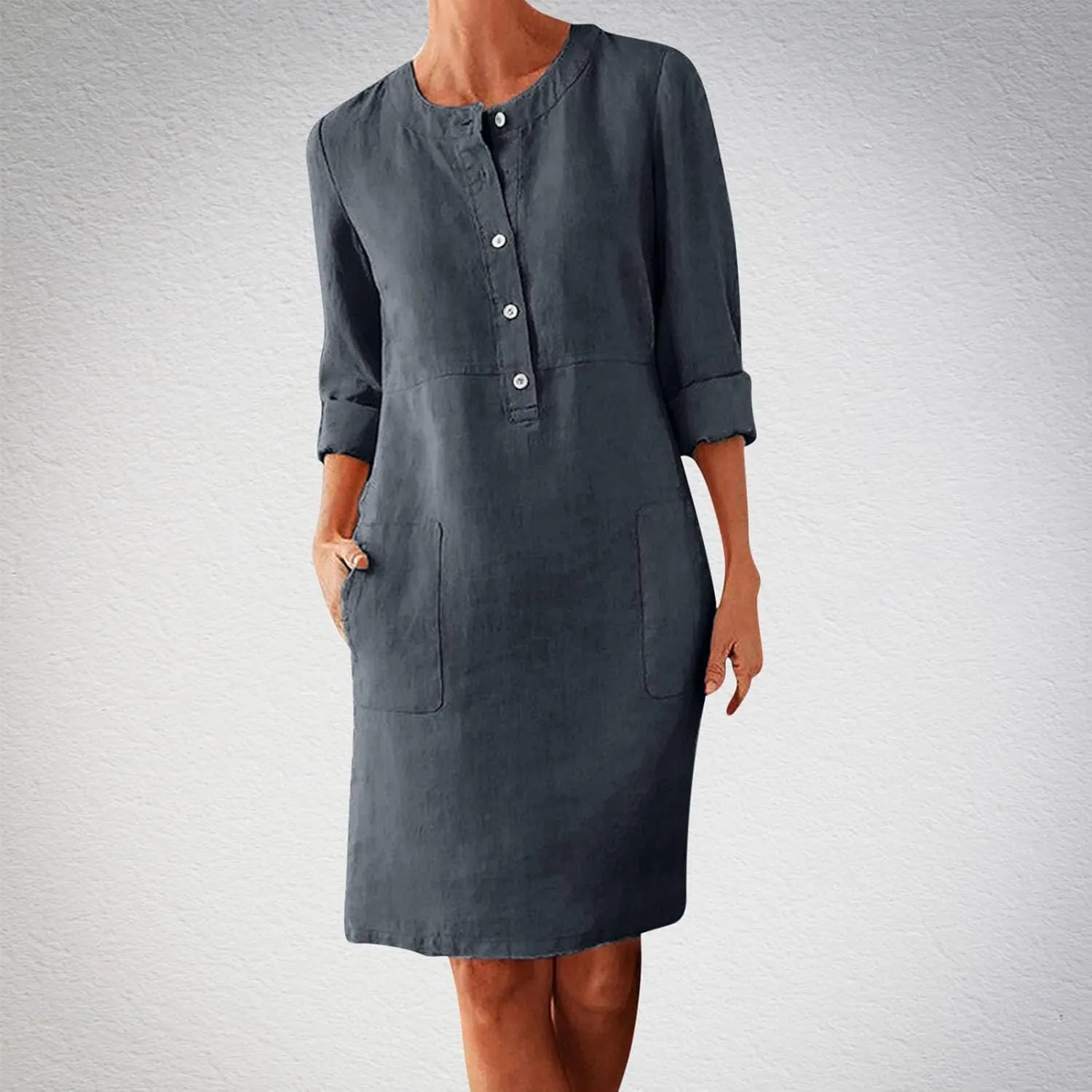 Aymnlox Womens Cotton Linen Dress Long Sleeve Round Neck Solid Casual Dress Button Down Formal Work Sundress with Pockets