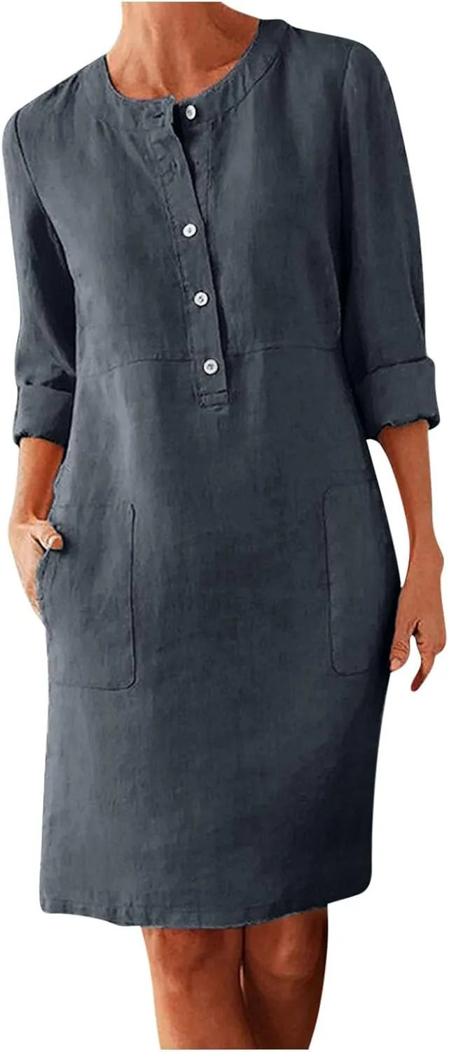 Aymnlox Womens Cotton Linen Dress Long Sleeve Round Neck Solid Casual Dress Button Down Formal Work Sundress with Pockets