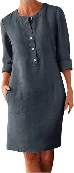 Aymnlox Womens Cotton Linen Dress Long Sleeve Round Neck Solid Casual Dress Button Down Formal Work Sundress with Pockets