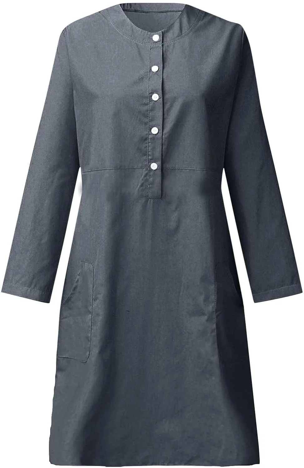 Aymnlox Womens Cotton Linen Dress Long Sleeve Round Neck Solid Casual Dress Button Down Formal Work Sundress with Pockets