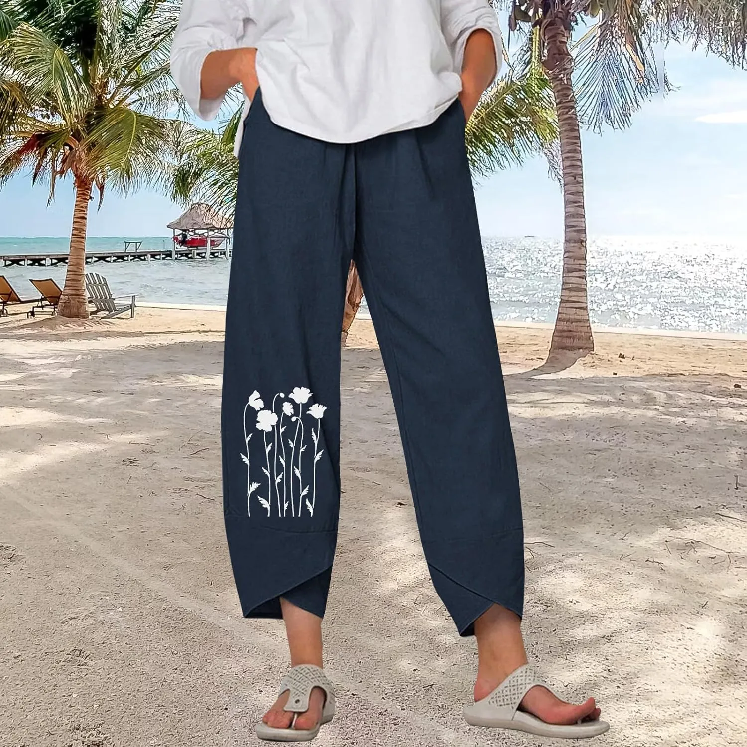 Bengbobar Linen Capris for Women Wide Leg Sweatpants Casual Petite Linen Pants Baggy Palazzo Cropped Summer Beach Trousers