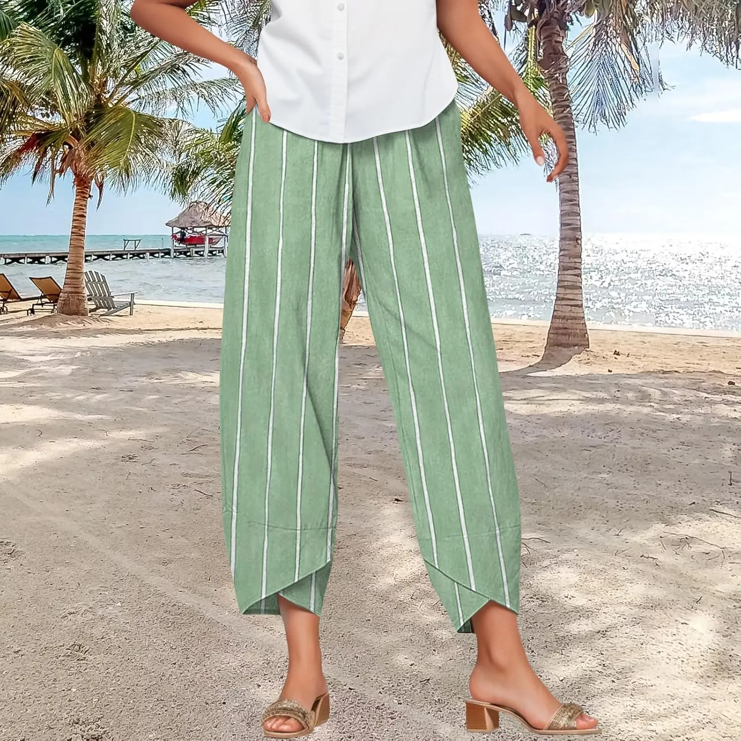 Bengbobar Linen Capris for Women Wide Leg Sweatpants Casual Petite Stripe Pants Baggy Palazzo Cropped Summer Beach Trousers