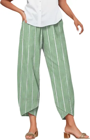 Bengbobar Linen Capris for Women Wide Leg Sweatpants Casual Petite Stripe Pants Baggy Palazzo Cropped Summer Beach Trousers