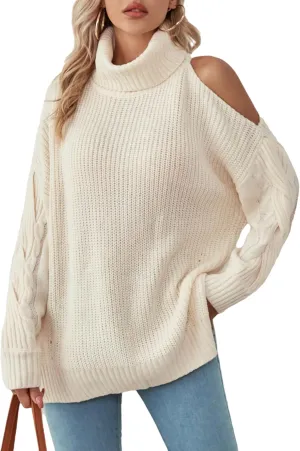 BMJL Womens Oversized Sweater 2023 Turtleneck Off Shoulder Pullover Cable Knit Chunky Tops