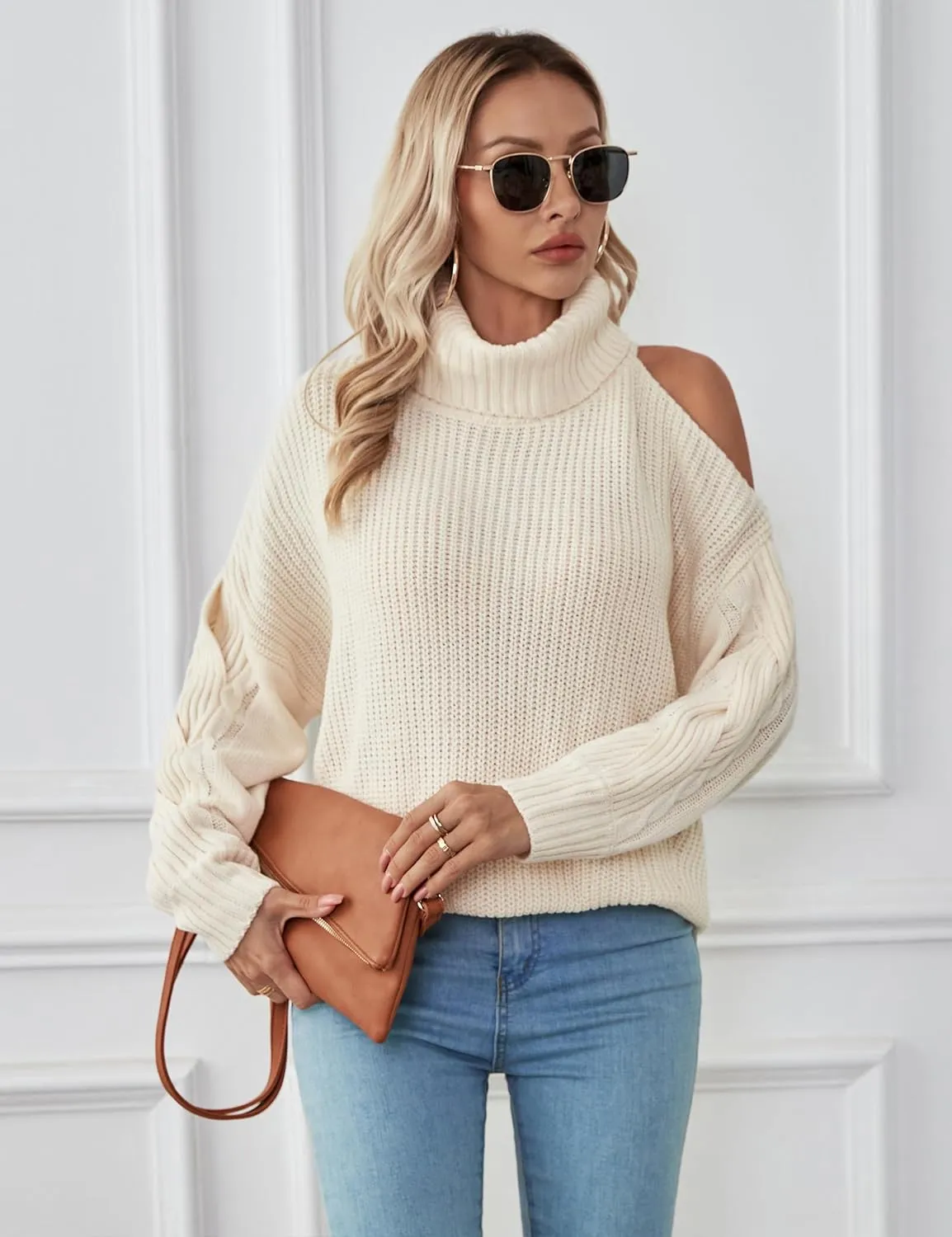 BMJL Womens Oversized Sweater 2023 Turtleneck Off Shoulder Pullover Cable Knit Chunky Tops