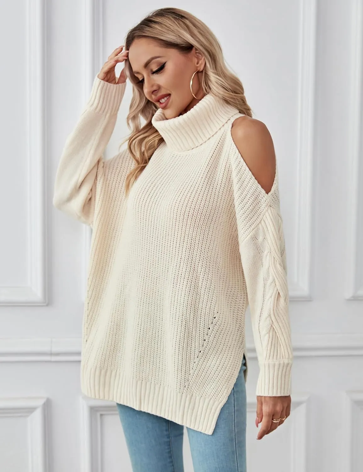 BMJL Womens Oversized Sweater 2023 Turtleneck Off Shoulder Pullover Cable Knit Chunky Tops