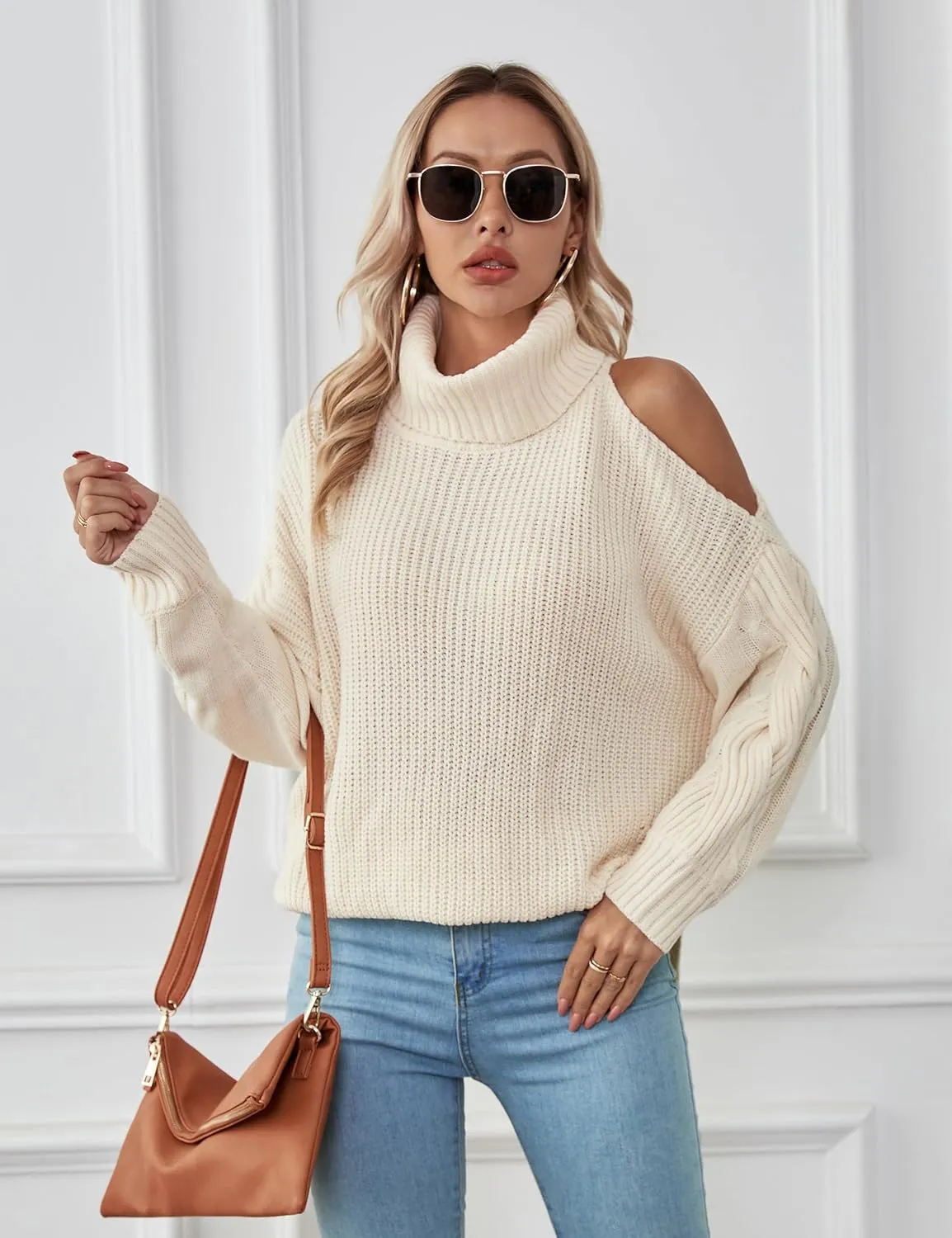 BMJL Womens Oversized Sweater 2023 Turtleneck Off Shoulder Pullover Cable Knit Chunky Tops