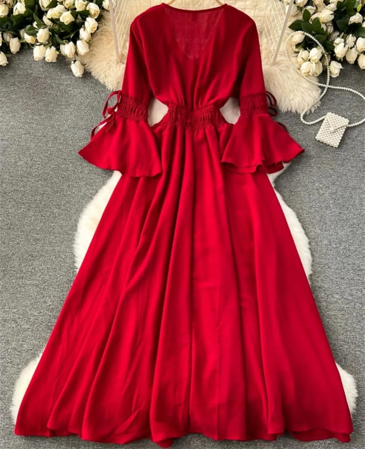 Bohemian Maxi Dresses for Women V-Neck Flare Sleeve Solid Robe Femme Bandage Pleated Vintage Dress