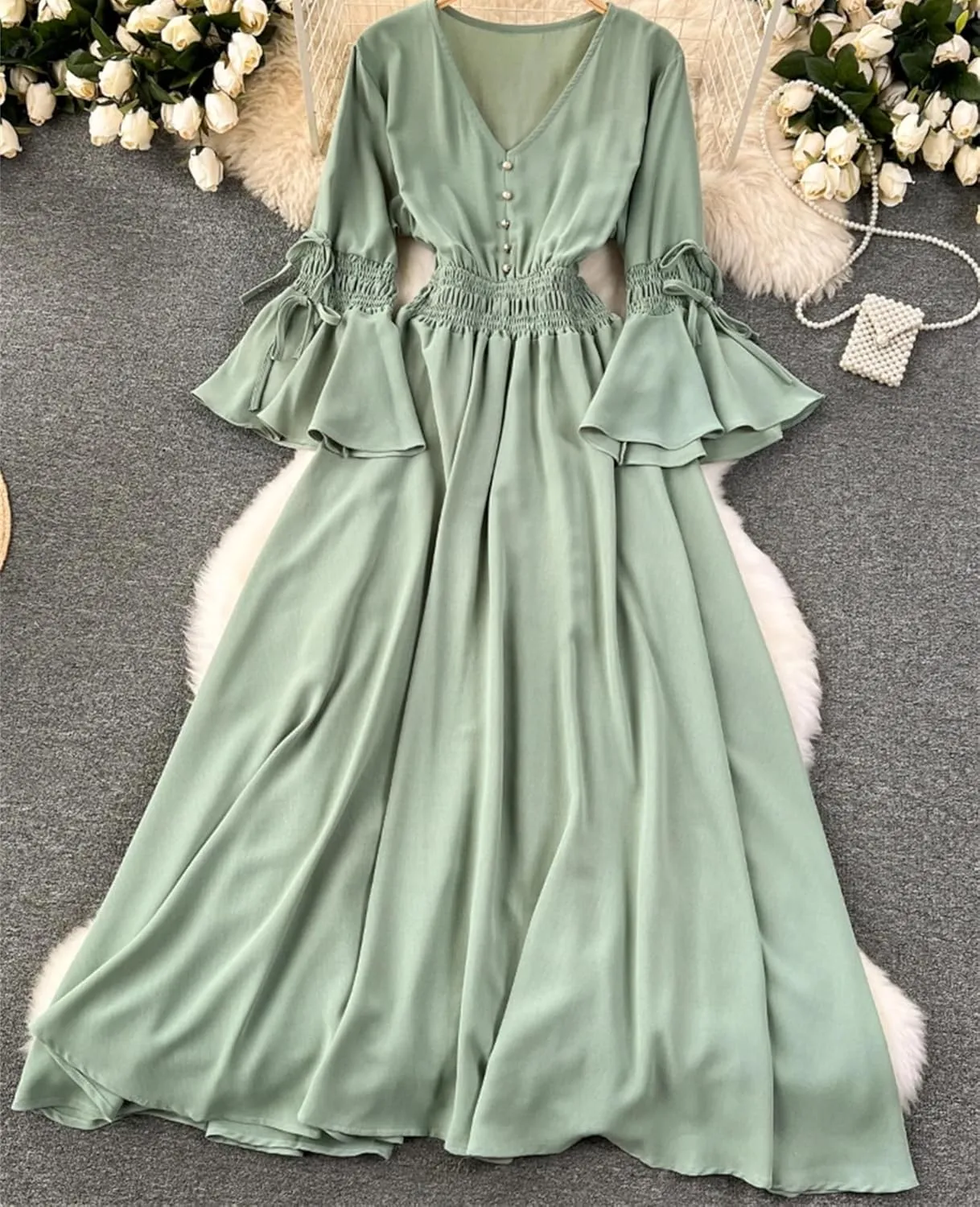 Bohemian Maxi Dresses for Women V-Neck Flare Sleeve Solid Robe Femme Bandage Pleated Vintage Dress