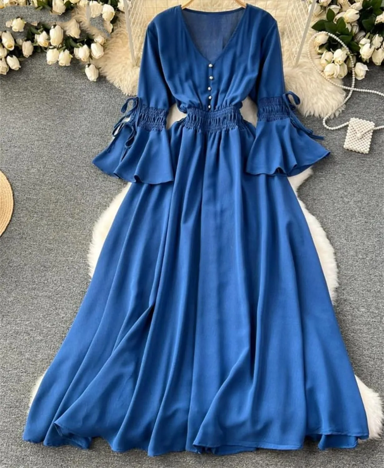Bohemian Maxi Dresses for Women V-Neck Flare Sleeve Solid Robe Femme Bandage Pleated Vintage Dress