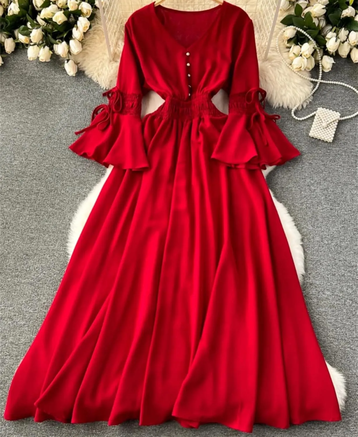 Bohemian Maxi Dresses for Women V-Neck Flare Sleeve Solid Robe Femme Bandage Pleated Vintage Dress