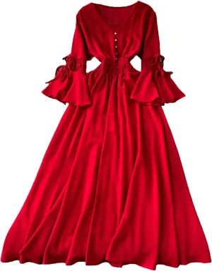 Bohemian Maxi Dresses for Women V-Neck Flare Sleeve Solid Robe Femme Bandage Pleated Vintage Dress