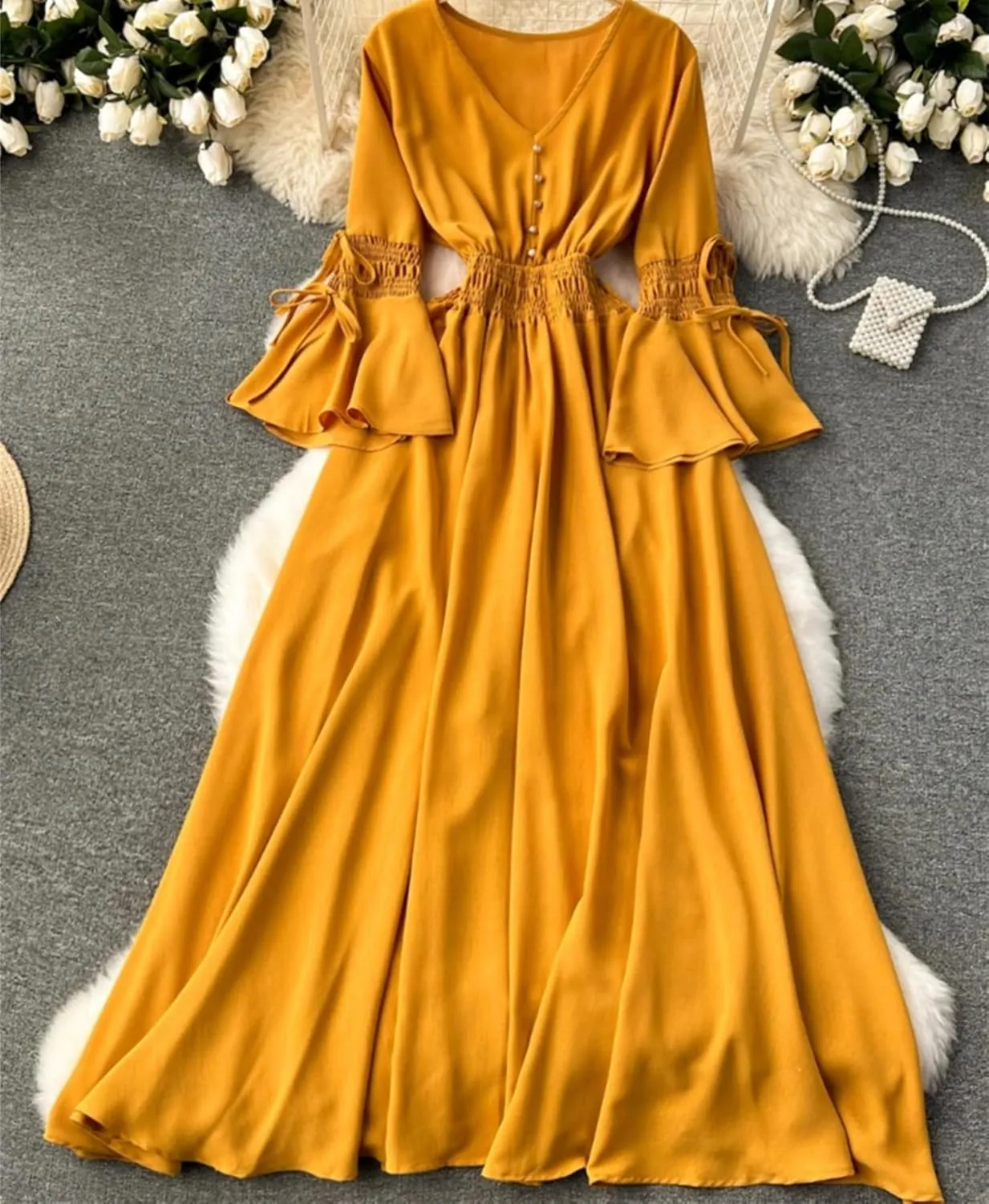 Bohemian Maxi Dresses for Women V-Neck Flare Sleeve Solid Robe Femme Bandage Pleated Vintage Dress