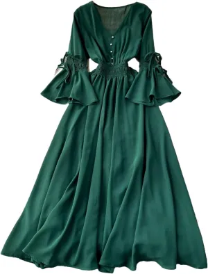 Bohemian Maxi Dresses for Women V-Neck Flare Sleeve Solid Robe Femme Bandage Pleated Vintage Dress
