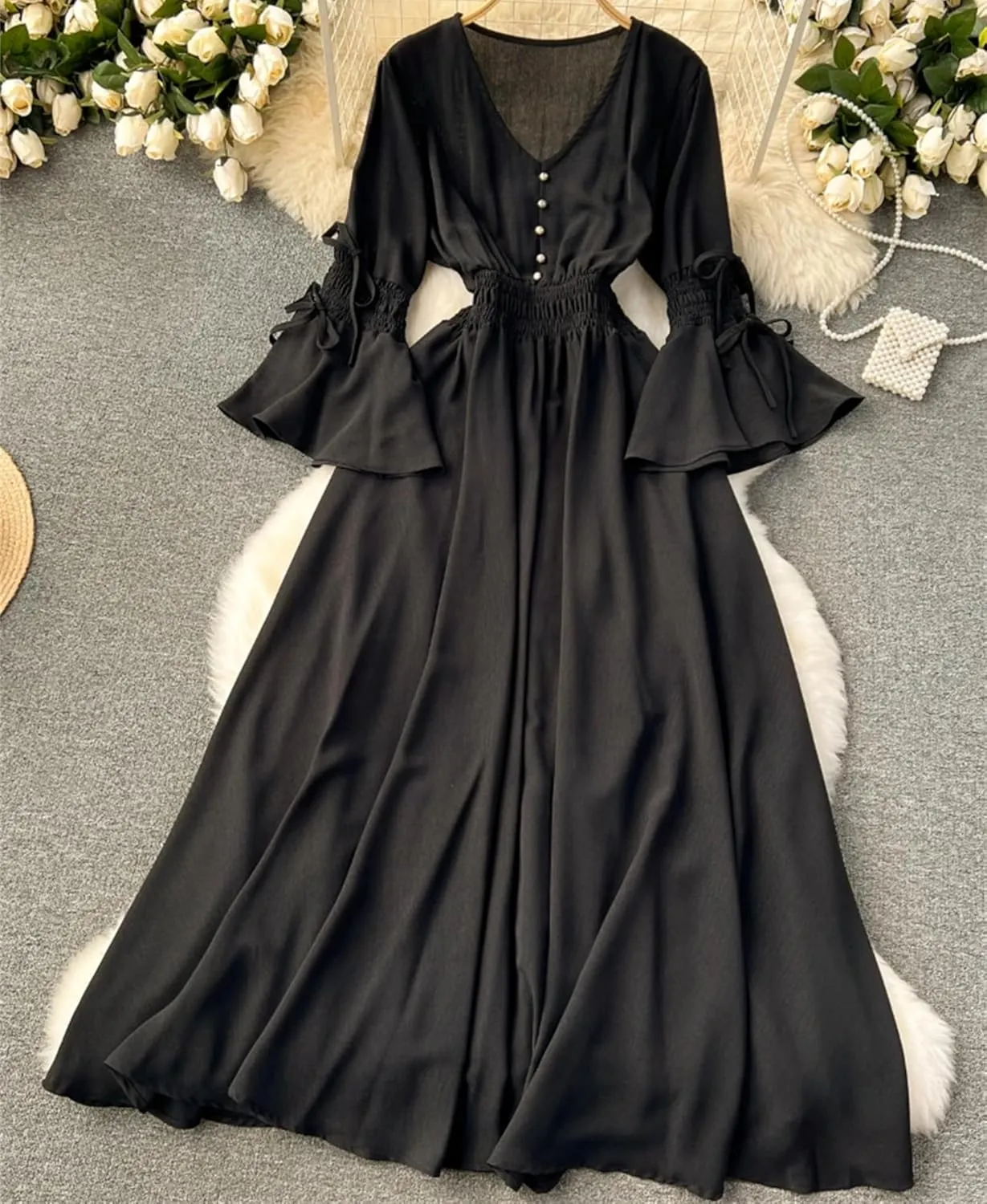 Bohemian Maxi Dresses for Women V-Neck Flare Sleeve Solid Robe Femme Bandage Pleated Vintage Dress