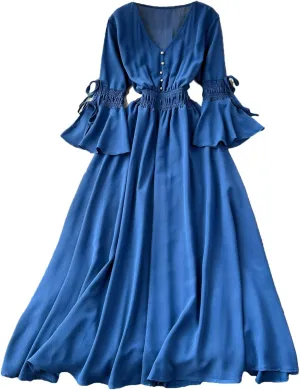 Bohemian Maxi Dresses for Women V-Neck Flare Sleeve Solid Robe Femme Bandage Pleated Vintage Dress