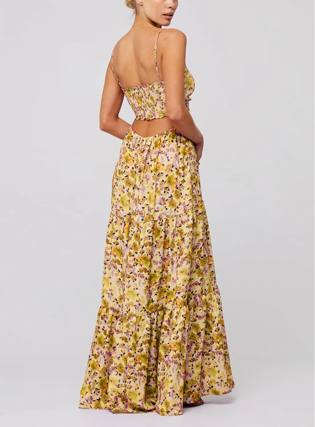 Bohemian Smocked Maxi Dresses for Women Summer Spaghetti Strap Floral Print Sundress Ruffle Color Block Tiered Dress