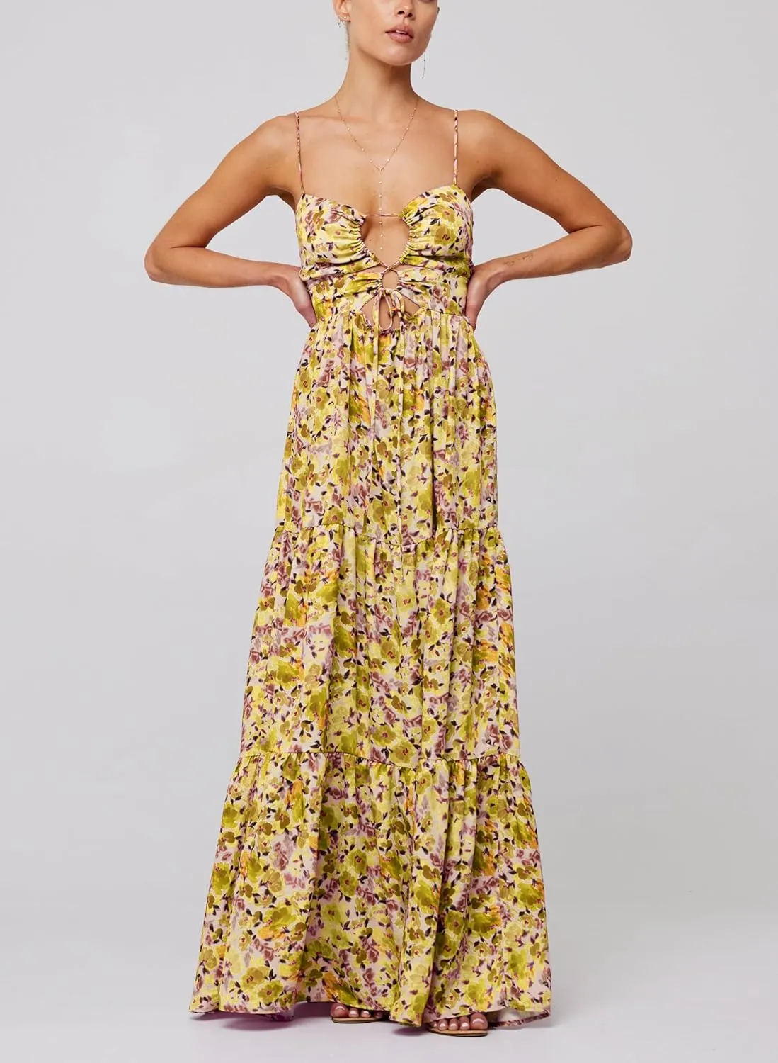 Bohemian Smocked Maxi Dresses for Women Summer Spaghetti Strap Floral Print Sundress Ruffle Color Block Tiered Dress
