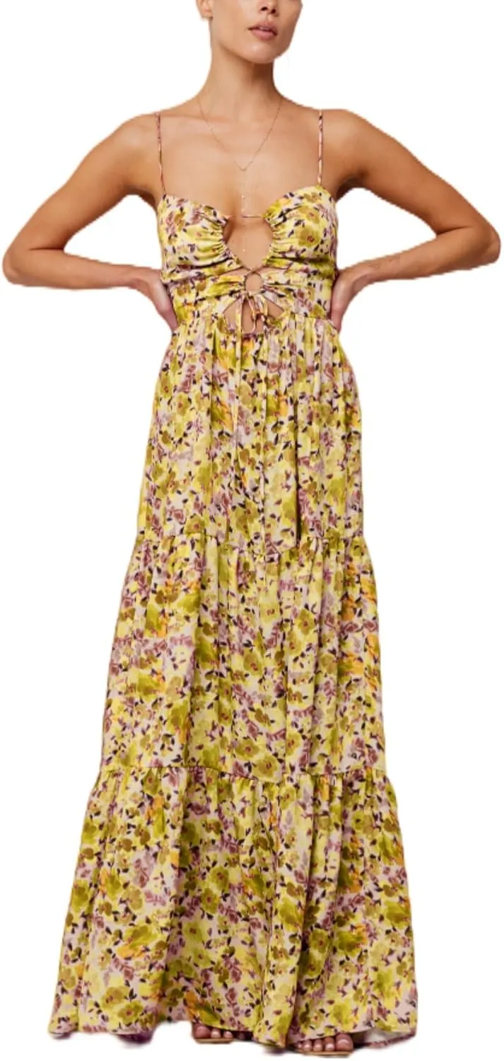 Bohemian Smocked Maxi Dresses for Women Summer Spaghetti Strap Floral Print Sundress Ruffle Color Block Tiered Dress