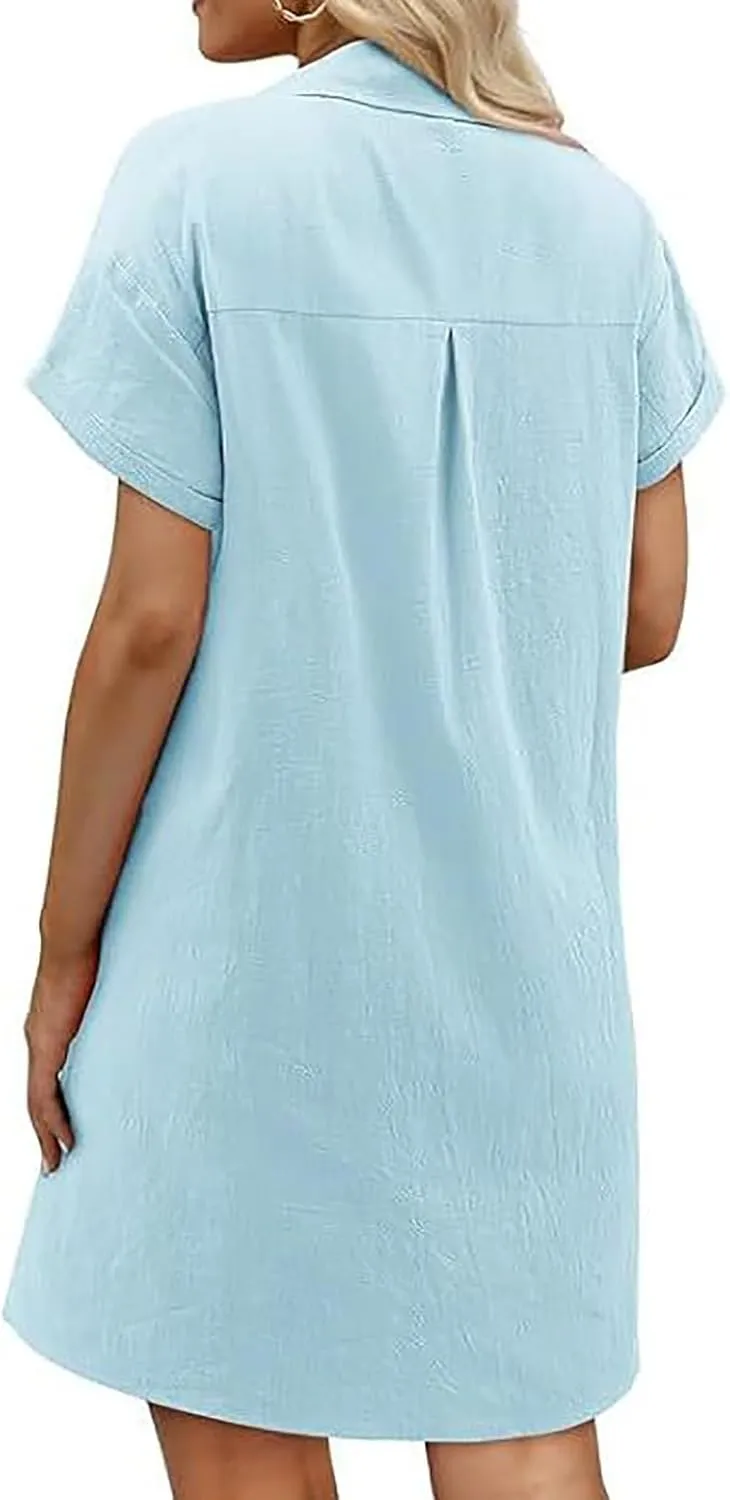 Button Down Dress for Women Cotton Linen Shirt Dress Summer Casual Short Sleeve Beach Cover Up Shirts with Pockets