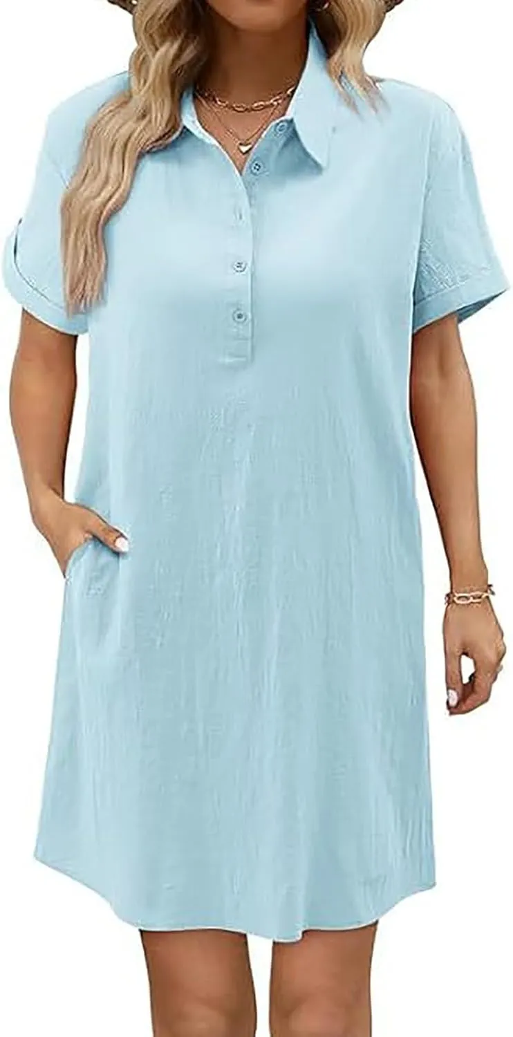 Button Down Dress for Women Cotton Linen Shirt Dress Summer Casual Short Sleeve Beach Cover Up Shirts with Pockets