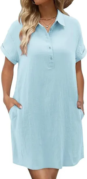Button Down Dress for Women Cotton Linen Shirt Dress Summer Casual Short Sleeve Beach Cover Up Shirts with Pockets