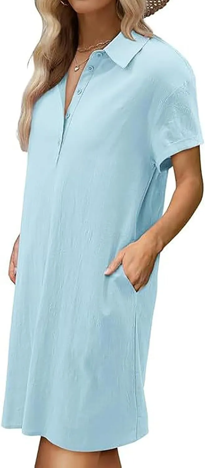 Button Down Dress for Women Cotton Linen Shirt Dress Summer Casual Short Sleeve Beach Cover Up Shirts with Pockets