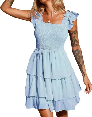 Byinns Womens Square Neck Sleeveless Ruffle Dress High Waist Backless Tiered Smocked Strappy Casual Short Mini Dresses