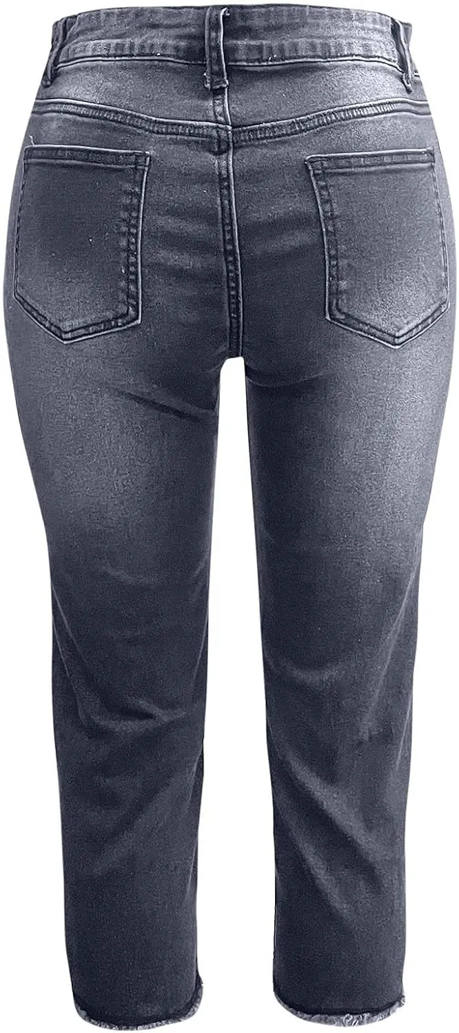 Capri Jeans for Women Stretch Stretchy Mid Rise Raw Hem Skinny Denim Butt Lifting Boyfriend Jeggings with Pockets