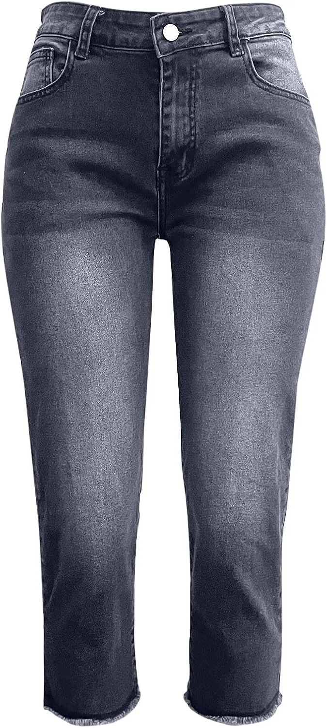 Capri Jeans for Women Stretch Stretchy Mid Rise Raw Hem Skinny Denim Butt Lifting Boyfriend Jeggings with Pockets