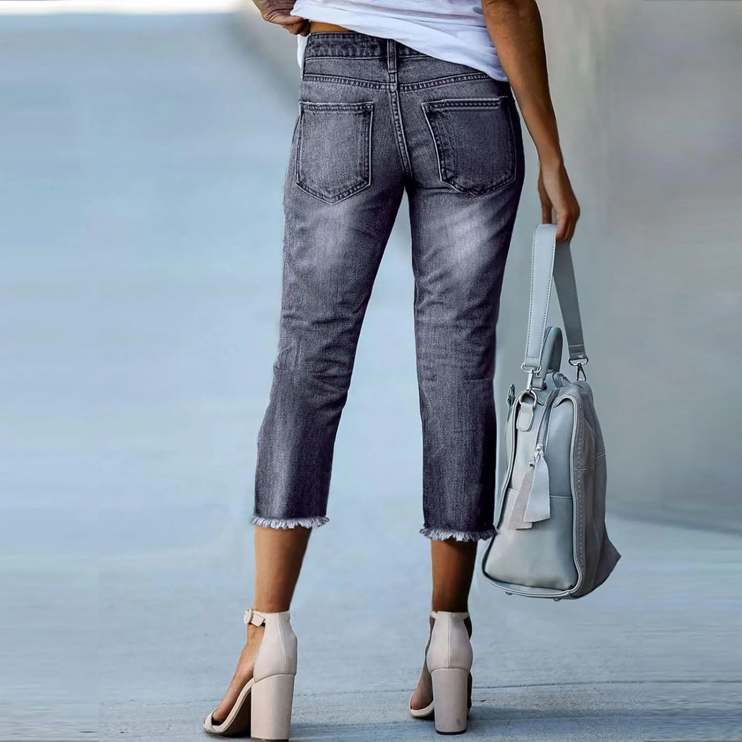 Capri Jeans for Women Stretch Stretchy Mid Rise Raw Hem Skinny Denim Butt Lifting Boyfriend Jeggings with Pockets