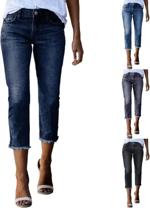 Capri Jeans for Women Stretch Stretchy Mid Rise Raw Hem Skinny Denim Butt Lifting Boyfriend Jeggings with Pockets