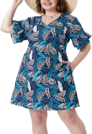 CARCOS Plus Size Leaf Dress for Women Ruffled Sleeves Lake Blue Floral Bell Sleeve Shift Dress V Neck Elegant A Line Dress Palm Leaves Print Summer Dress Holiday 2XL 18W 20W
