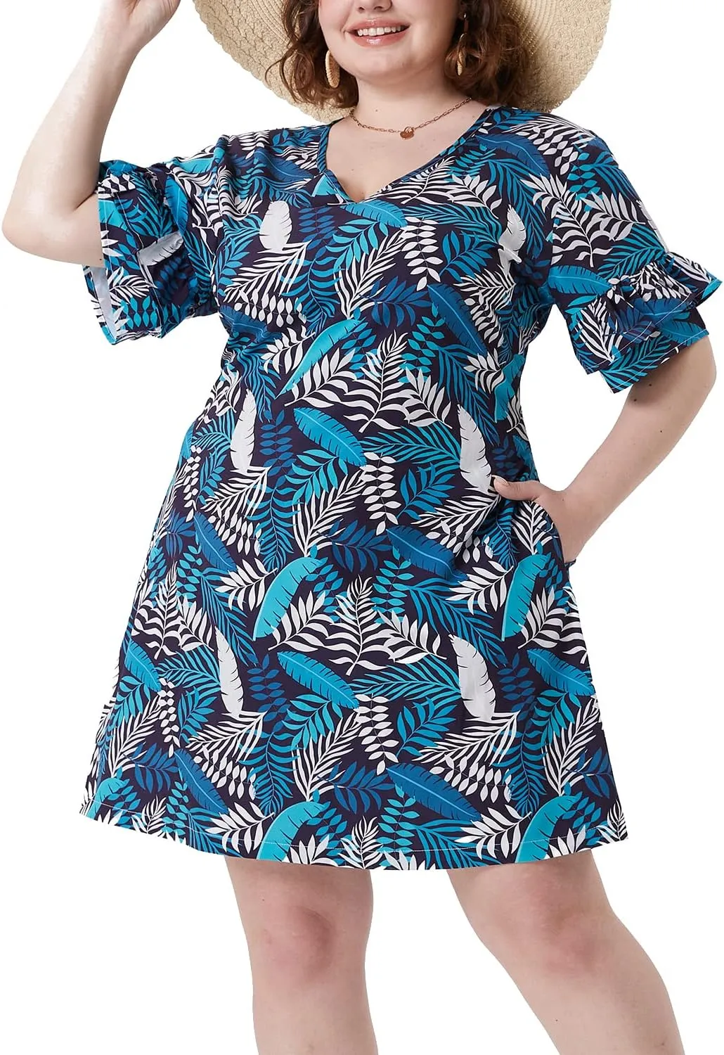 CARCOS Plus Size Leaf Dress for Women Ruffled Sleeves Lake Blue Floral Bell Sleeve Shift Dress V Neck Elegant A Line Dress Palm Leaves Print Summer Dress Holiday 2XL 18W 20W