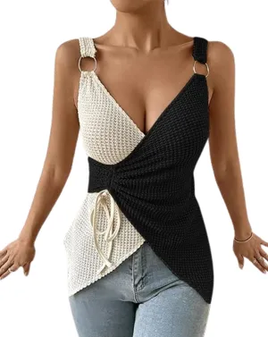 Chvity Womens Sleeveless Tops Color Block Waffle Knit Tank Tops Drawstring Asymmetrical V Neck T Shirts Slim Fit Western Tops