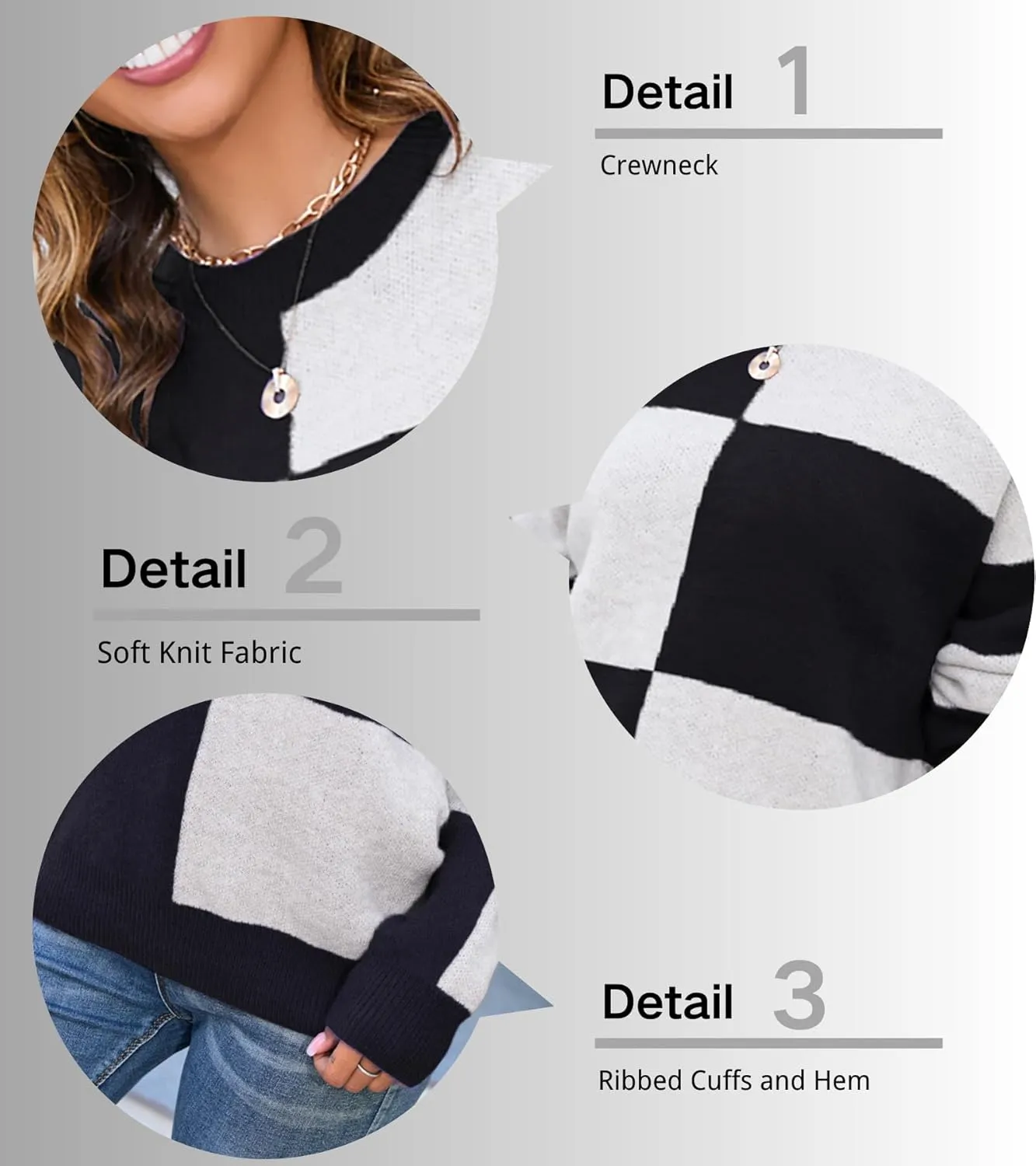 CORIRESHA Women's Color Block Check Crew Neck Long Sleeve Chunky Casual Knit Pullover Sweater