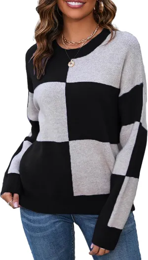 CORIRESHA Women's Color Block Check Crew Neck Long Sleeve Chunky Casual Knit Pullover Sweater