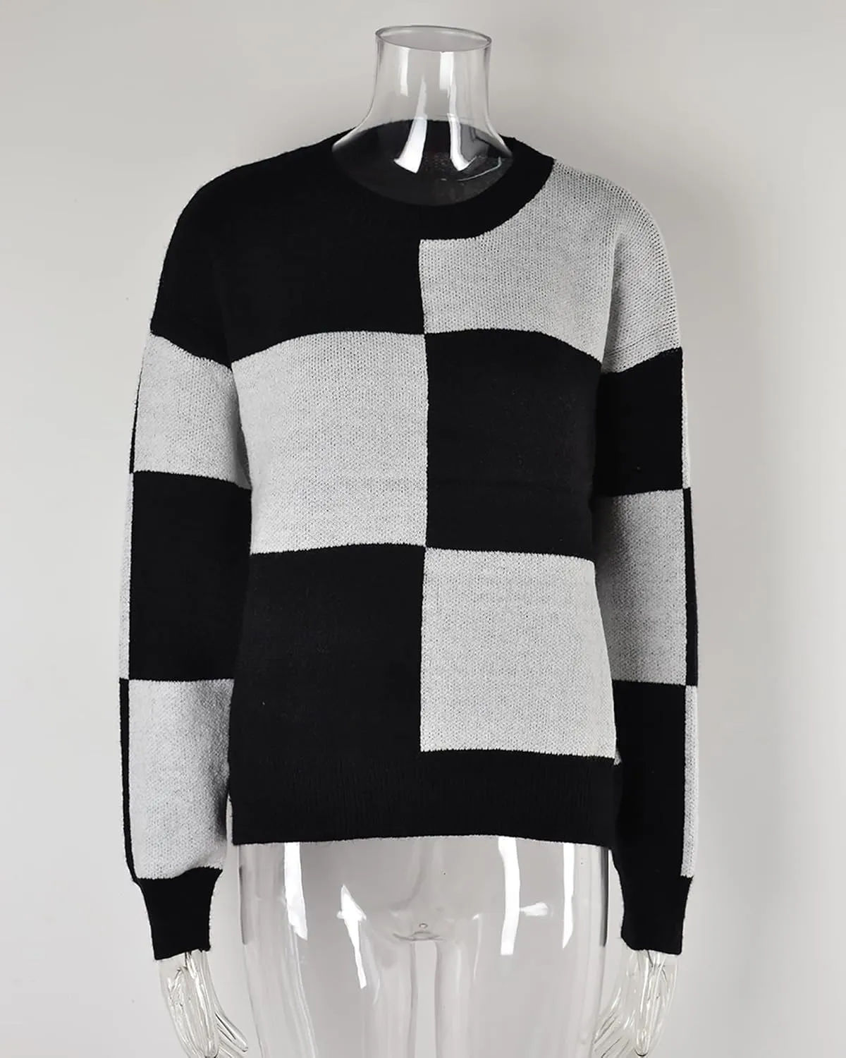 CORIRESHA Women's Color Block Check Crew Neck Long Sleeve Chunky Casual Knit Pullover Sweater