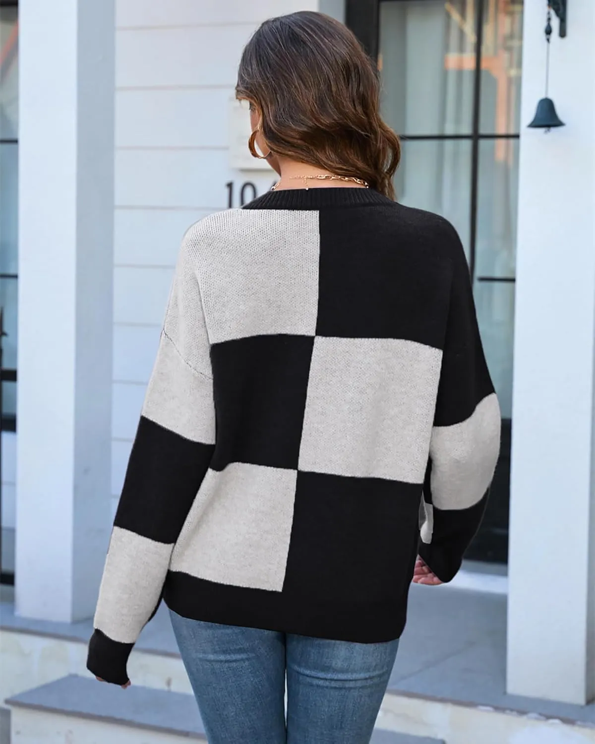 CORIRESHA Women's Color Block Check Crew Neck Long Sleeve Chunky Casual Knit Pullover Sweater