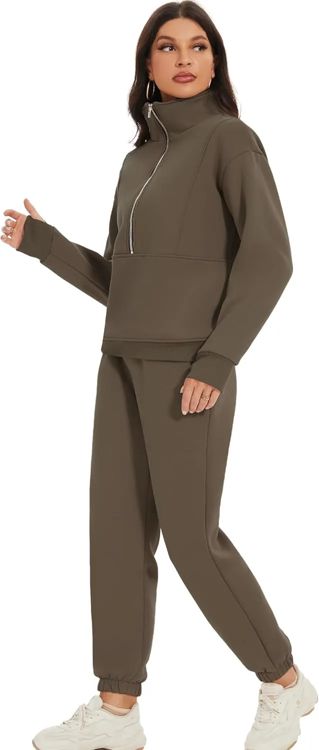 COZYPOIN Women's Sweatsuit Sets 2 Piece Fleece Outfit Half Zip Sweatshirt and Joggers Pants Tracksuit