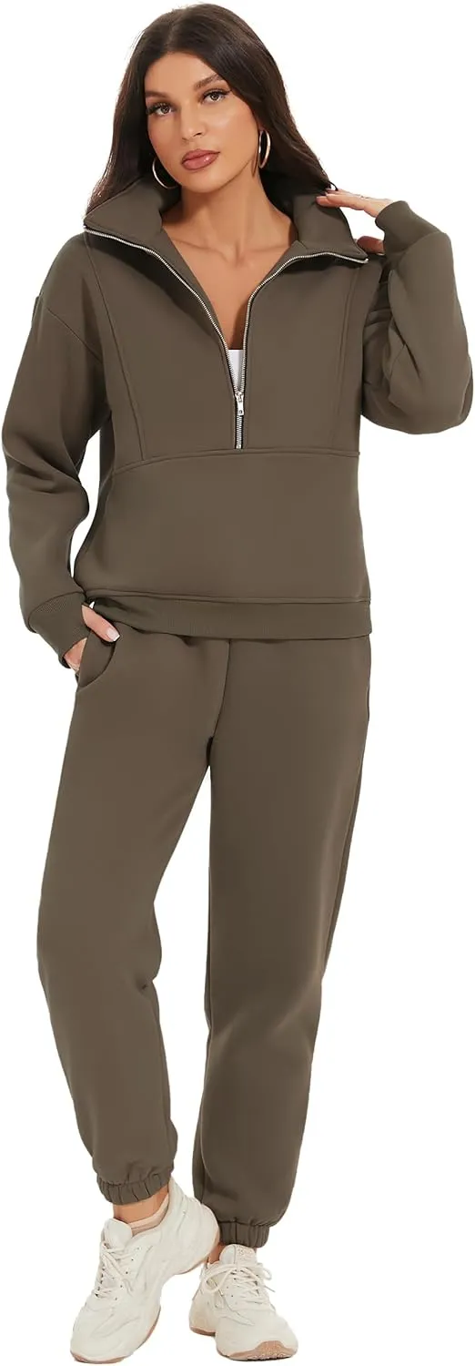 COZYPOIN Women's Sweatsuit Sets 2 Piece Fleece Outfit Half Zip Sweatshirt and Joggers Pants Tracksuit