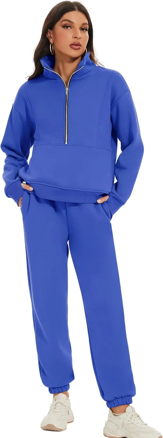 COZYPOIN Women's Sweatsuit Sets 2 Piece Fleece Outfit Half Zip Sweatshirt and Joggers Pants Tracksuit