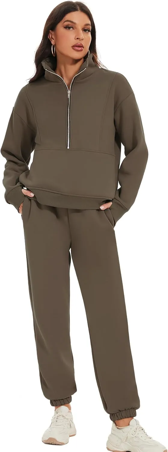 COZYPOIN Women's Sweatsuit Sets 2 Piece Fleece Outfit Half Zip Sweatshirt and Joggers Pants Tracksuit