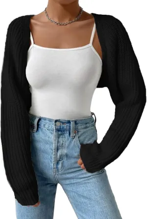 Cropped Bolero Shrug Cardigan for Women Y2K Open Front Ribbed Knit Long Sleeve Sweaters Casual Streetwear