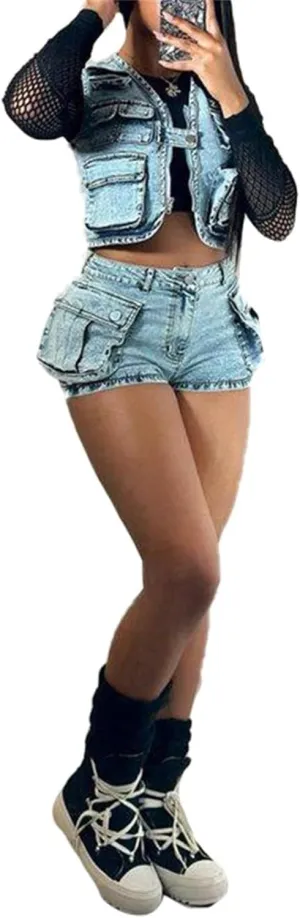 cu4eve Denim 2 Piece Outfits for Women Summer Casual Club Cargo Cropped Jean Vest Top and High Waisted Jean Shorts Sets