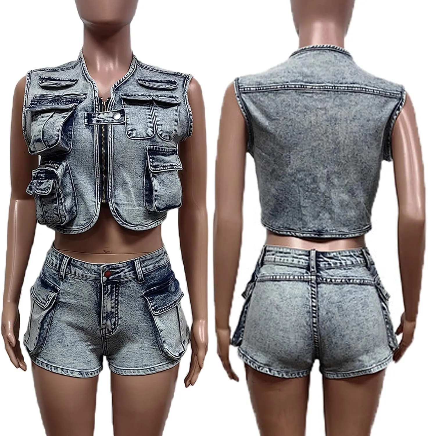 cu4eve Denim 2 Piece Outfits for Women Summer Casual Club Cargo Cropped Jean Vest Top and High Waisted Jean Shorts Sets
