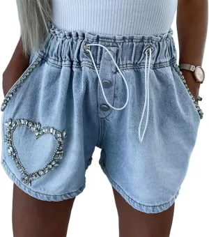 Denim Shorts for Women Stretchy High Waisted Drawstring Jean Shorts Heart Star Decor Y2K Trendy 2025