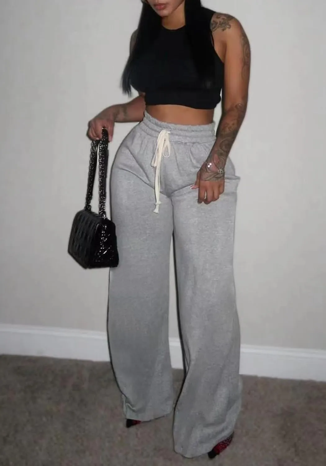 DINGANG High Waisted Casual Sweatpants Women Loose Wide Leg Elastic Waist Drawstring Cargo Striped Sweat Pants